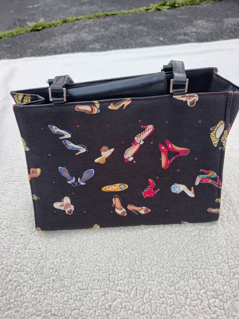 Black Shoe-Print With Red Rhinestones Shoulder Bag